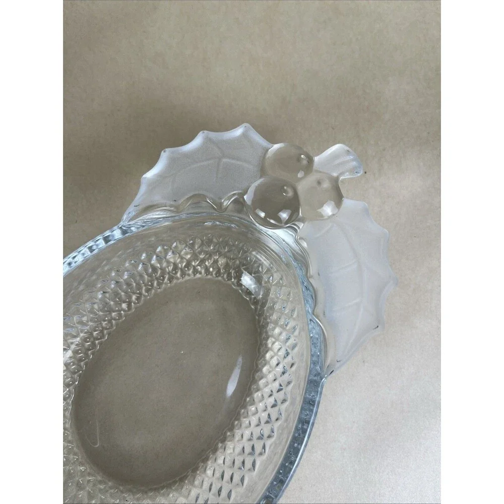Mikasa Studio Nova‎ Candy Dish Christmas Bowl Frosted Holly Berries Clear Glass